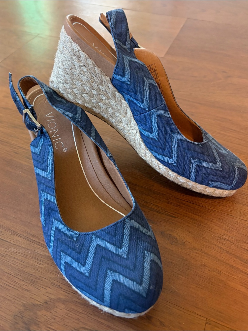 Vionic Blue Chevron Espadrille Wedge Slingbacks